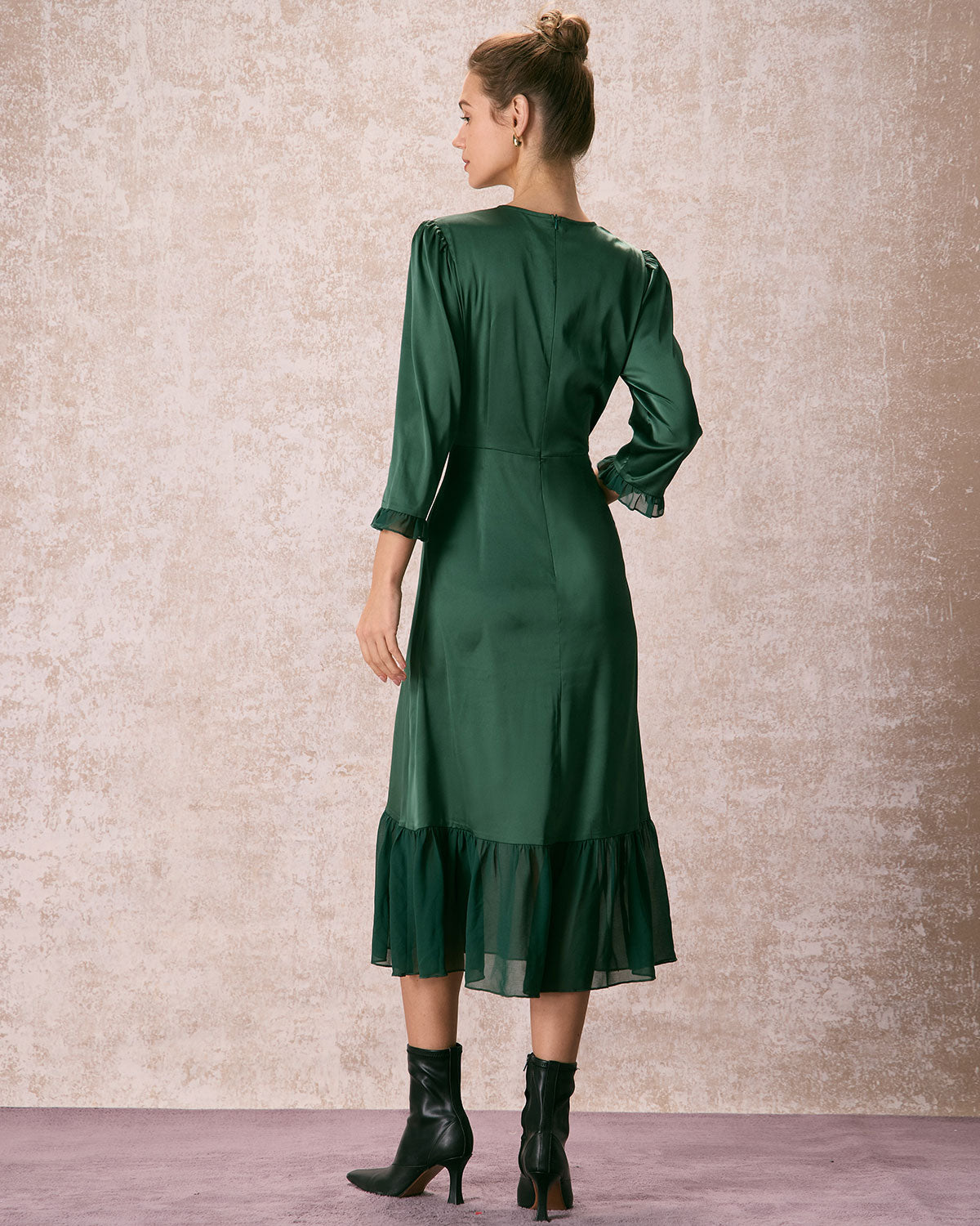 The Green Spliced Ruffle Poet Sleeve Midi Dress