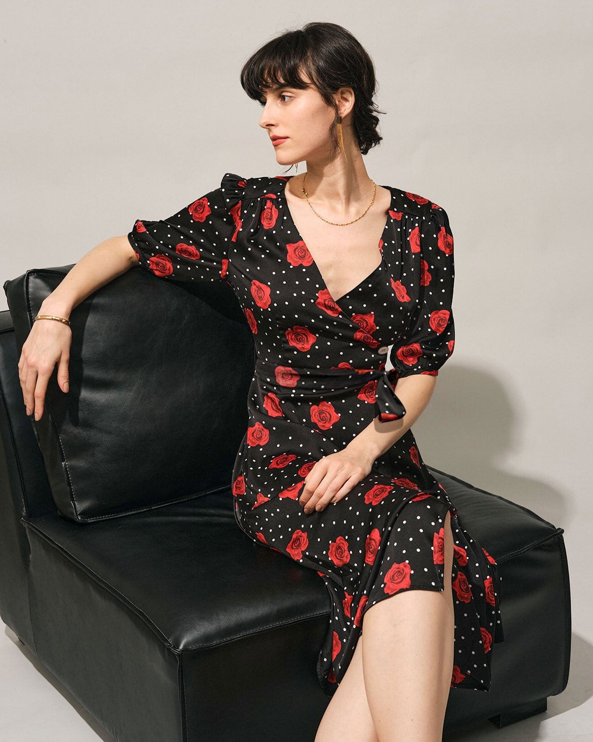 The V Neck Puff Sleeve Floral Wrap Midi Dress