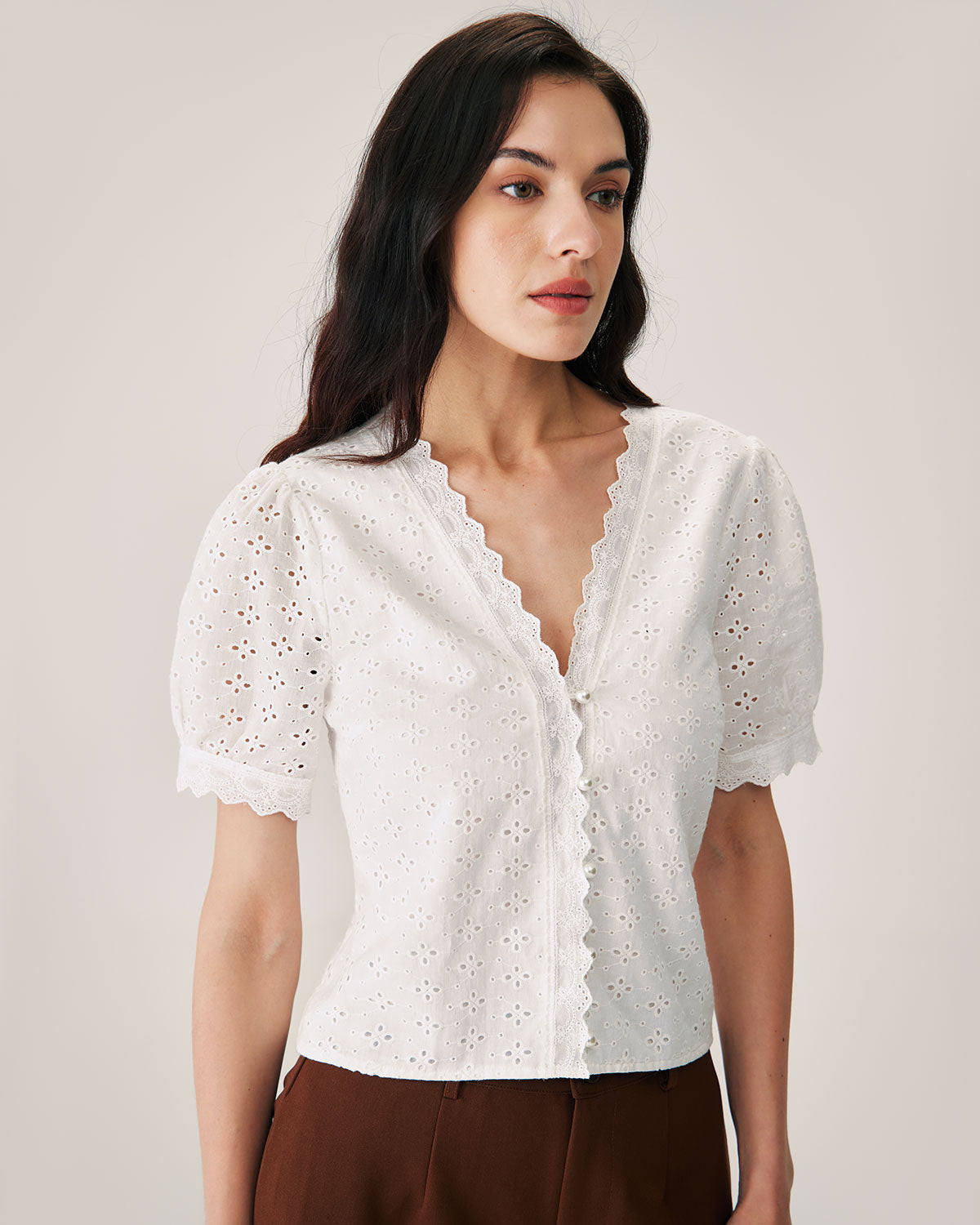 White Embroidery Puffed Sleeve Blouse