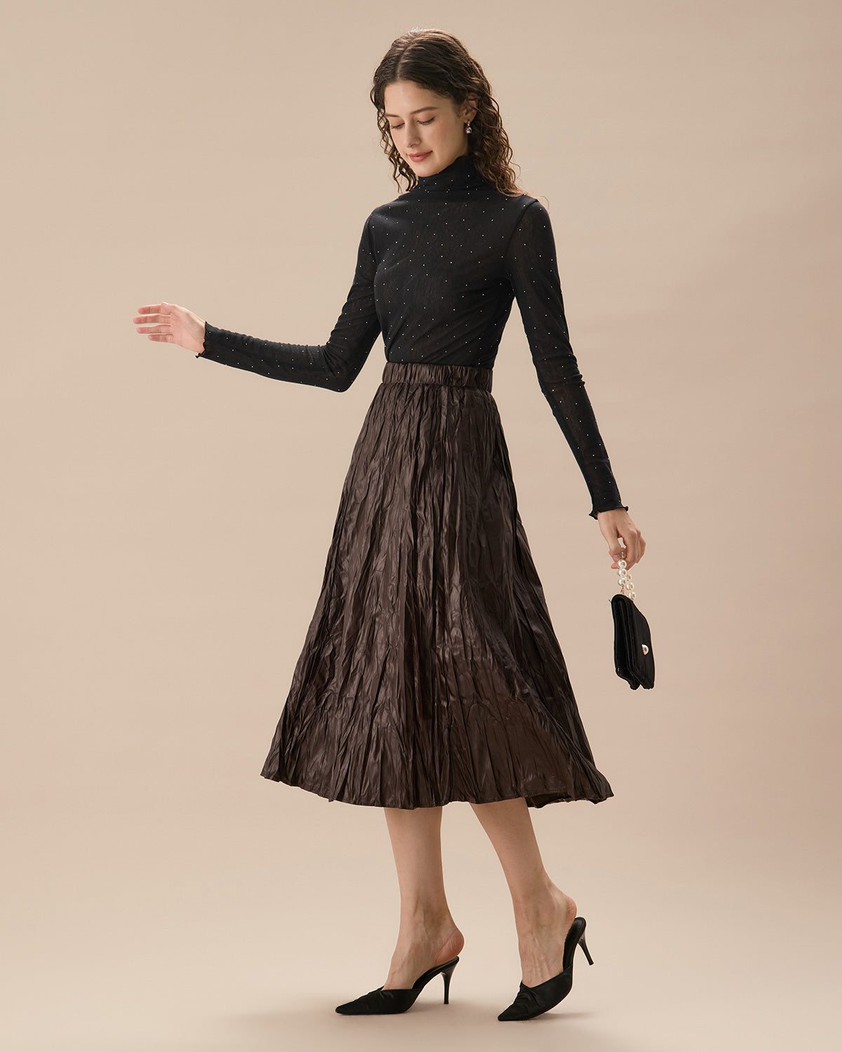 Coffee Elastic Waist Ruched Midi Skirt