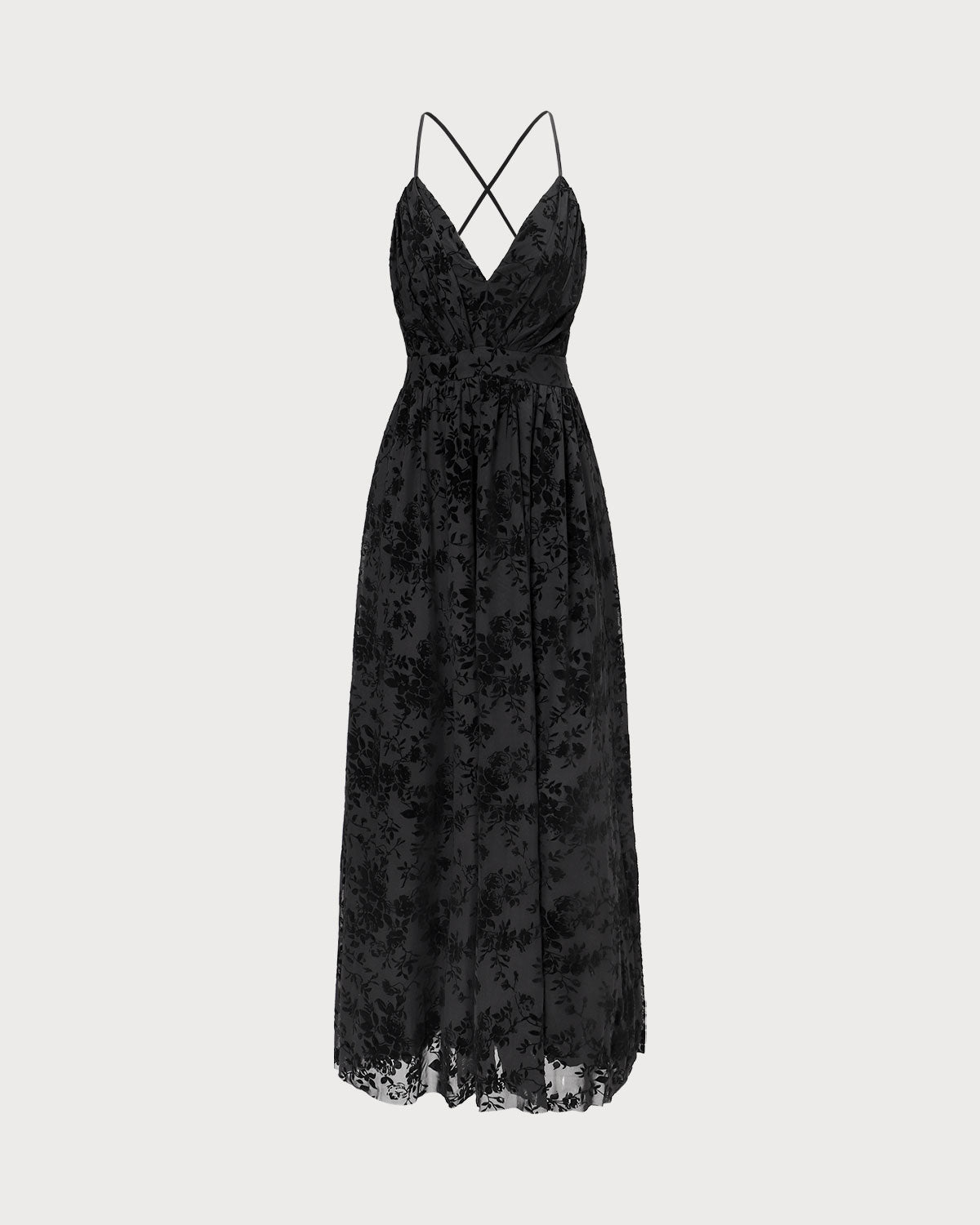 The Black Floral Flocked Mesh Slit Maxi Dress