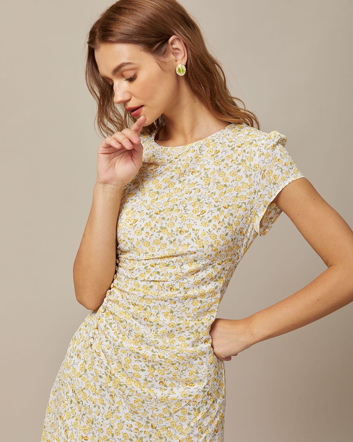 The Yellow Round Neck Floral Midi Dress