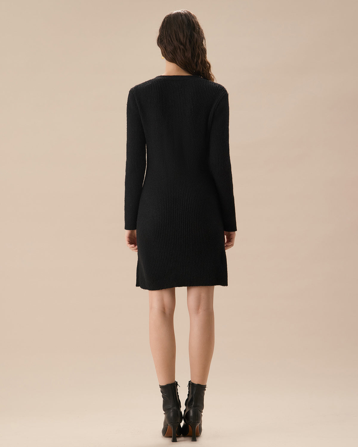 Black Square Neck Button Sweater Dress