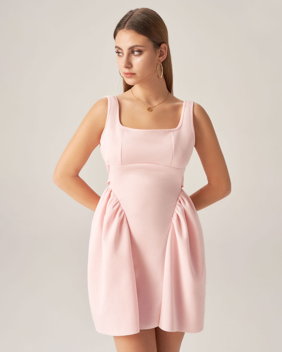 Bettydress Pink Square Neck Bowknot Mini Dress