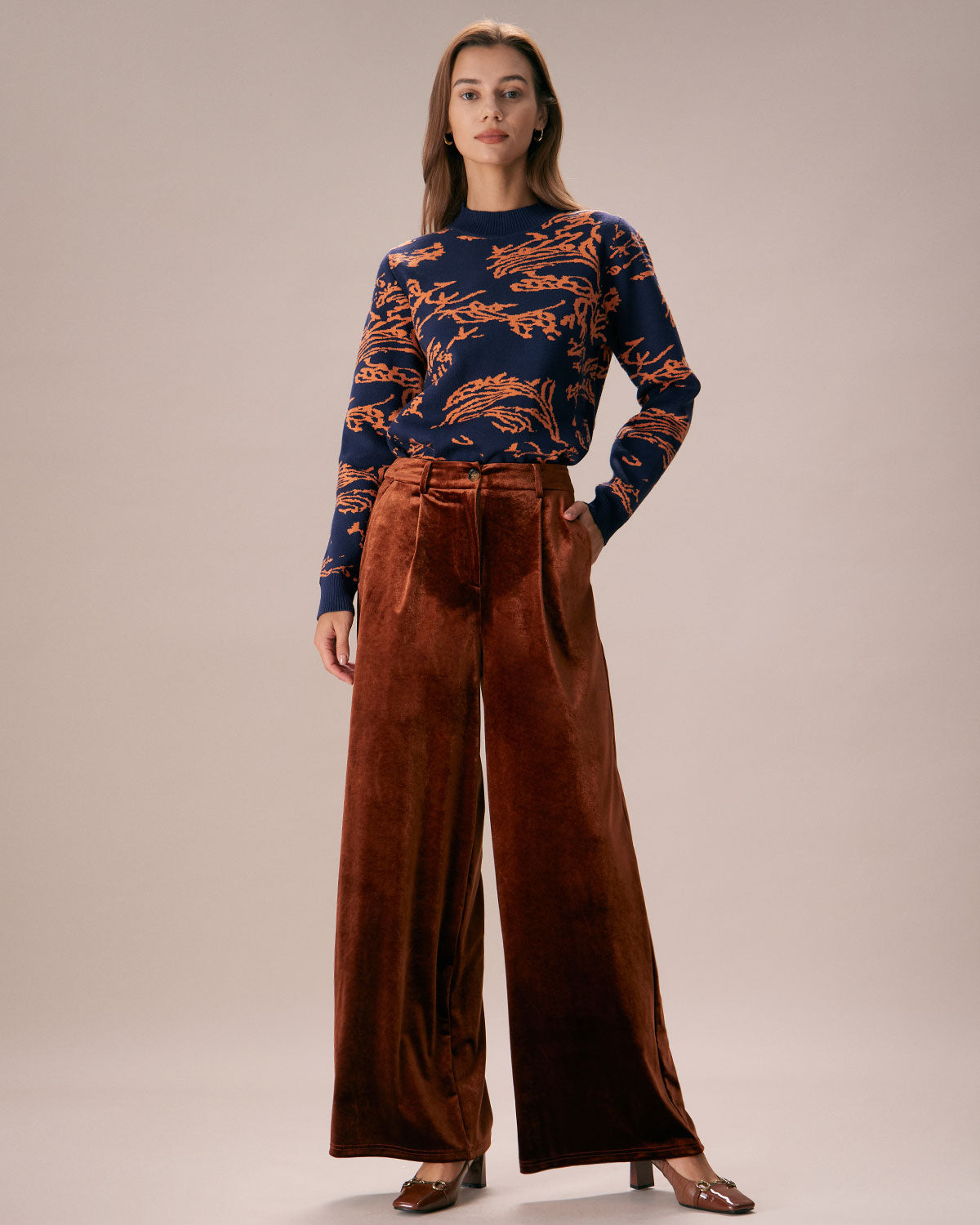 The Brown High Waisted Velvet Wide Leg Pants