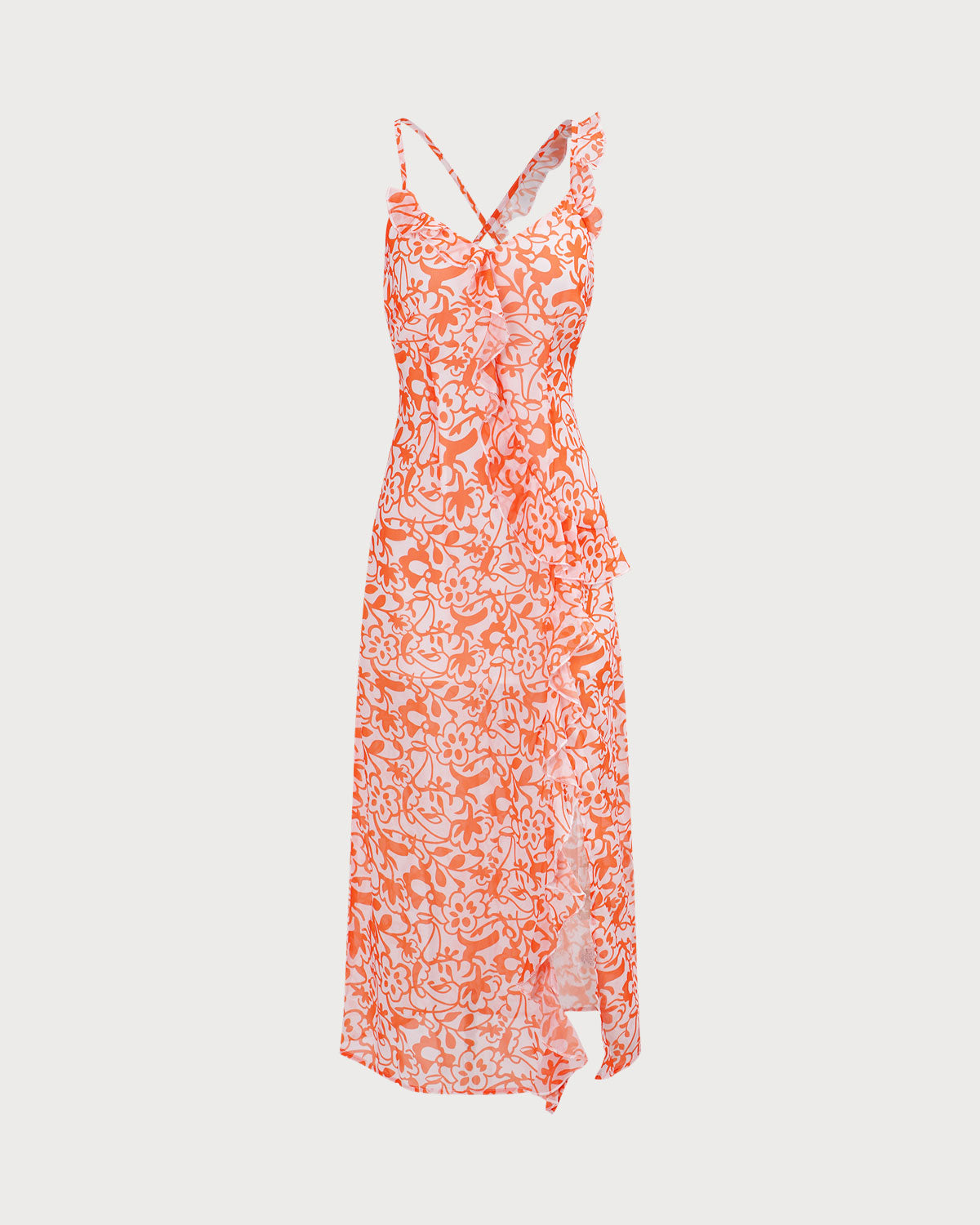 The Orange V Neck Floral Ruffle Maxi Dress