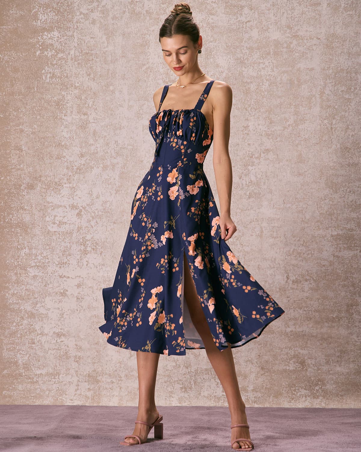 The Navy Lace Up Floral Ruched Midi Dress