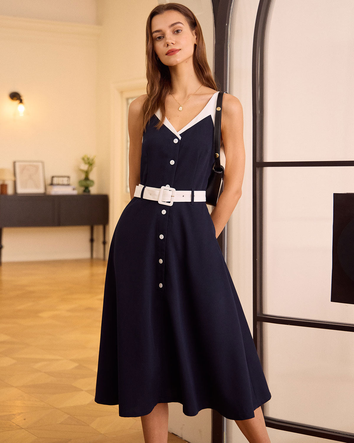 The Navy V Neck Colorblock Belted Midi Dress