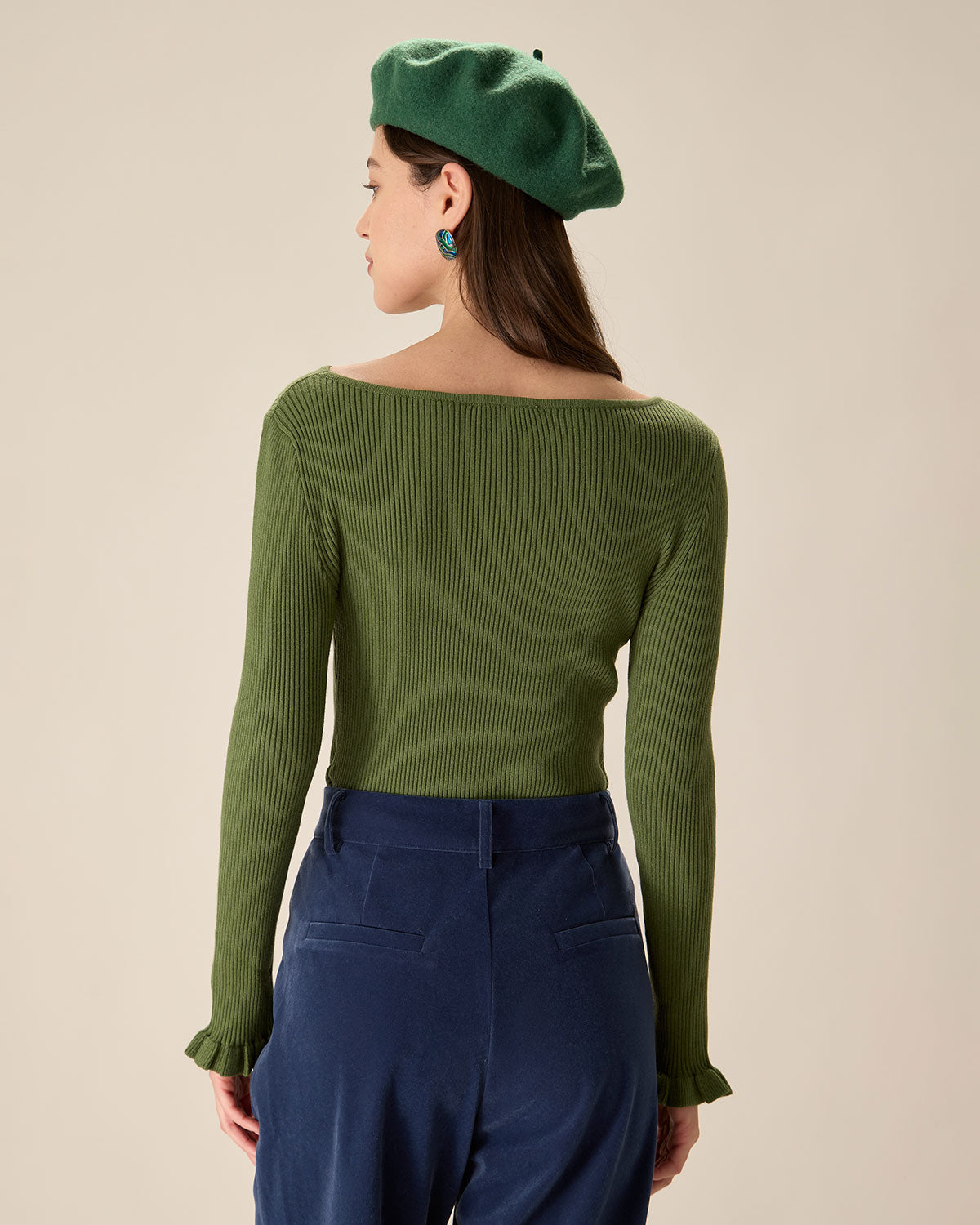 Green Boat Neck Ruffle Slim Tee