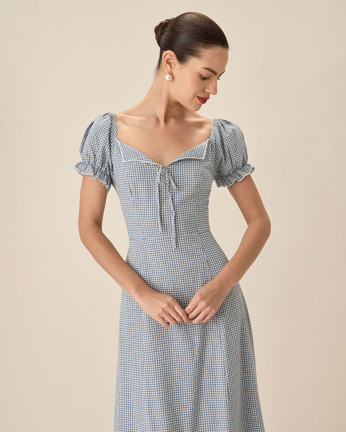 Blue Plaid Sweetheart Neck Midi Dress