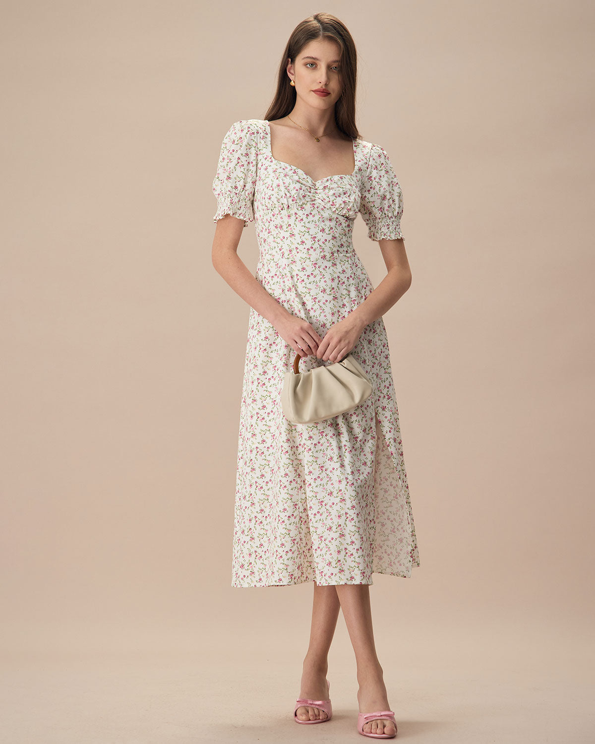 The Beige Sweetheart Neck Puff Sleeve Floral Midi Dress