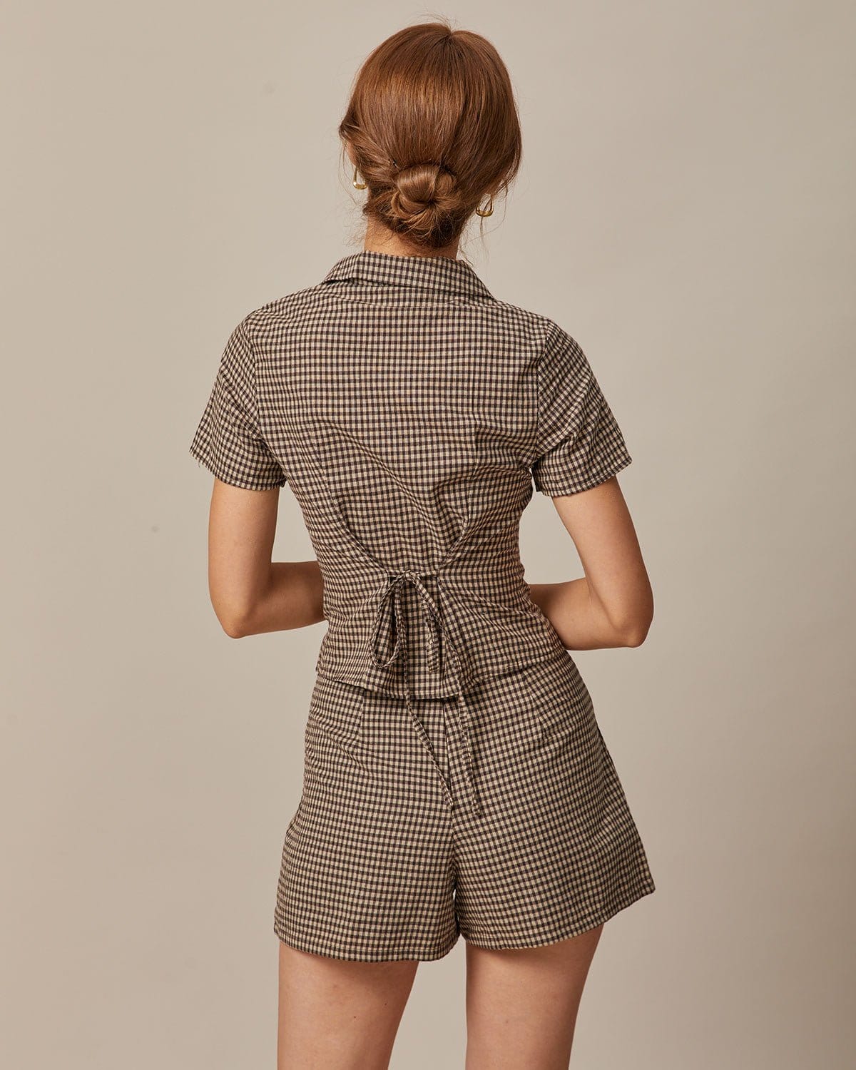 The Brown Lapel Plaid Short Sleeve Blouse