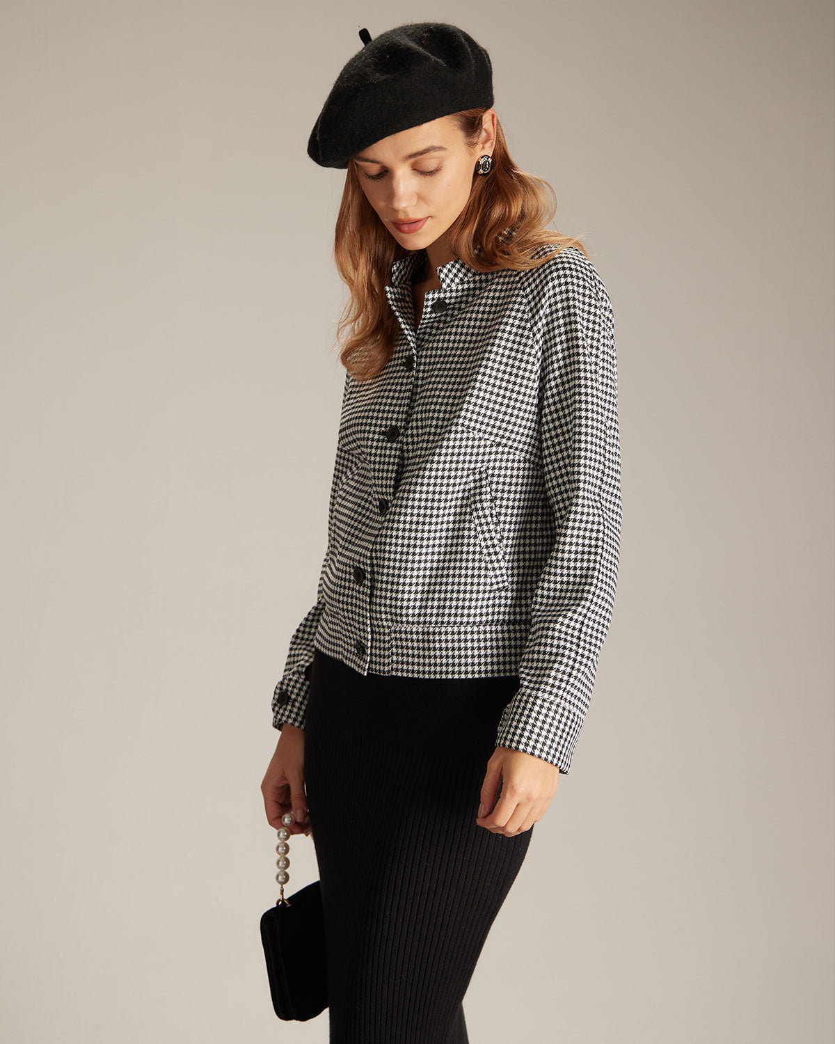 The Black Mock Neck Houndstooth Jacket