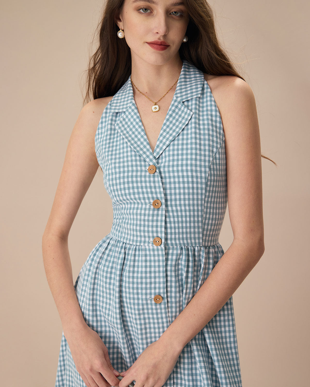 The Blue Lapel Plaid Sleeveless Shirt Midi Dress