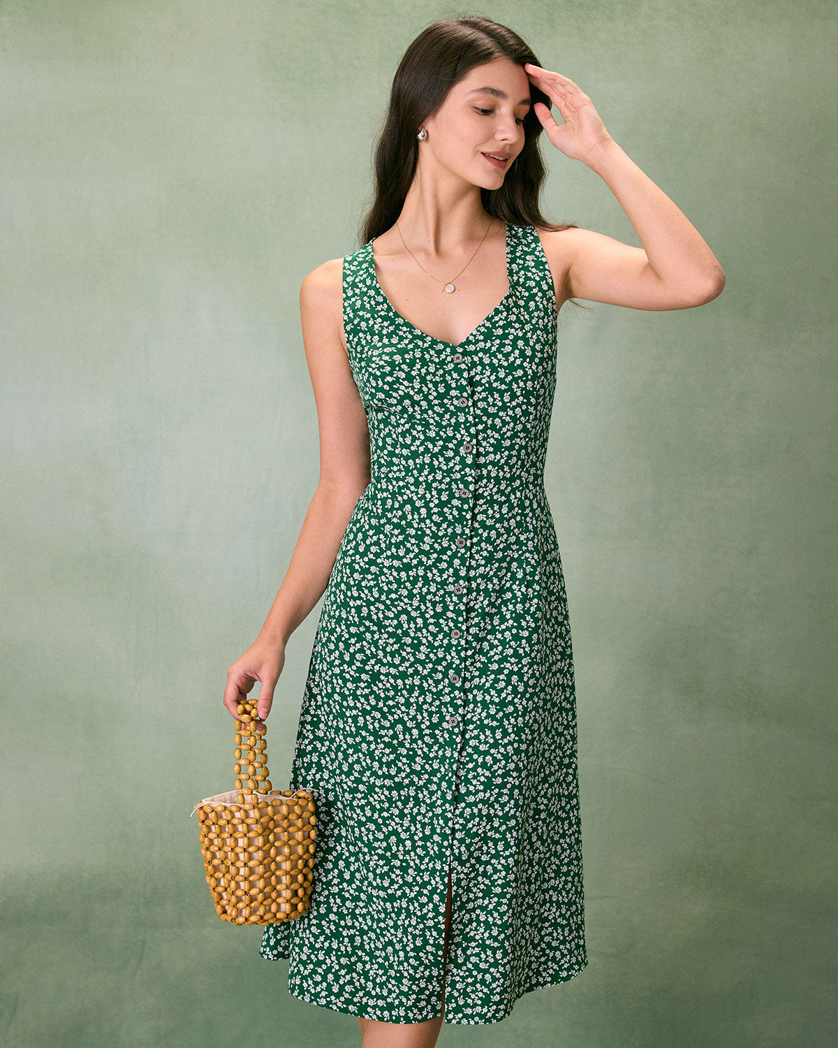 The Green V Neck Floral Button Midi Dress