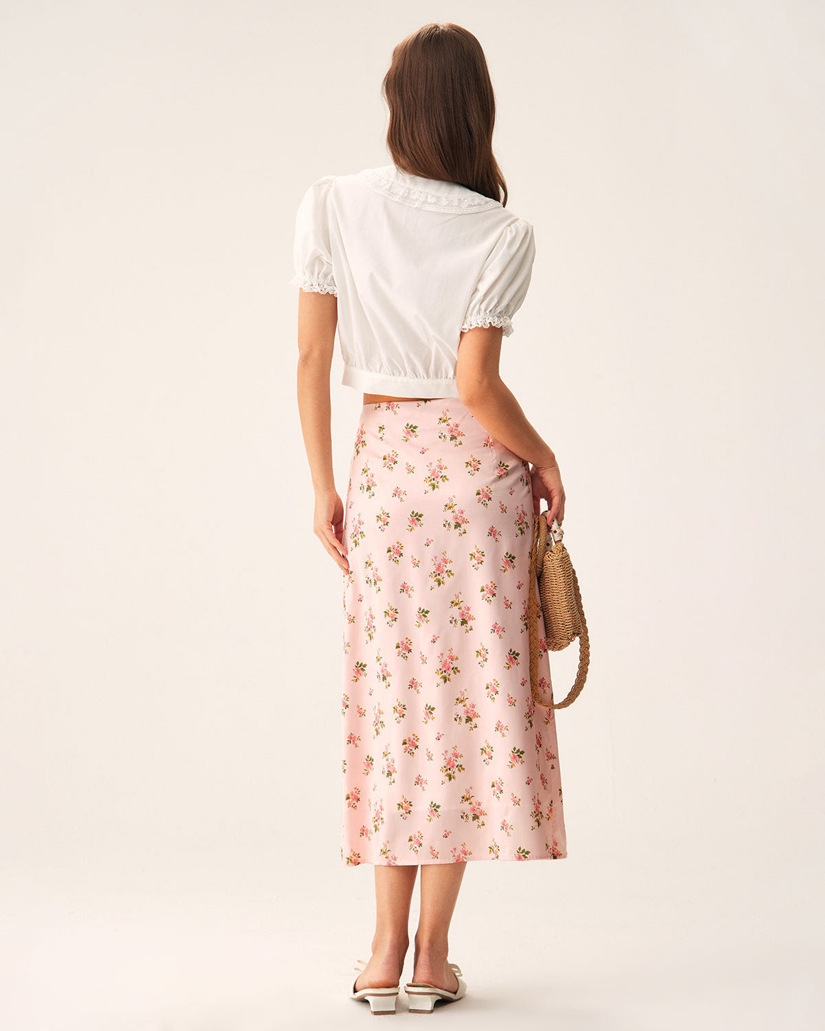 Pink Floral Satin Straight Midi Skirt