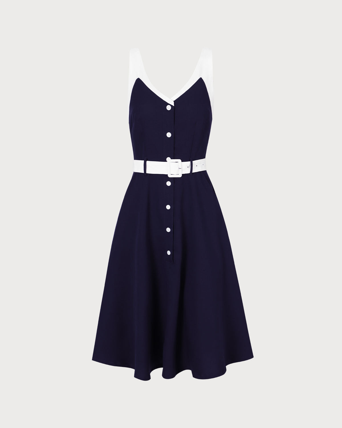 The Navy V Neck Colorblock Belted Midi Dress