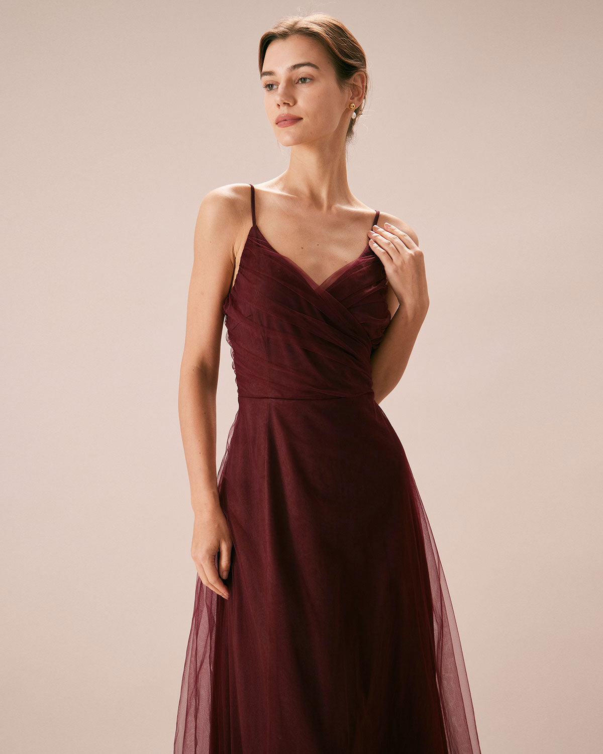 The Wine Red V Neck Mesh Wrap Maxi Dress