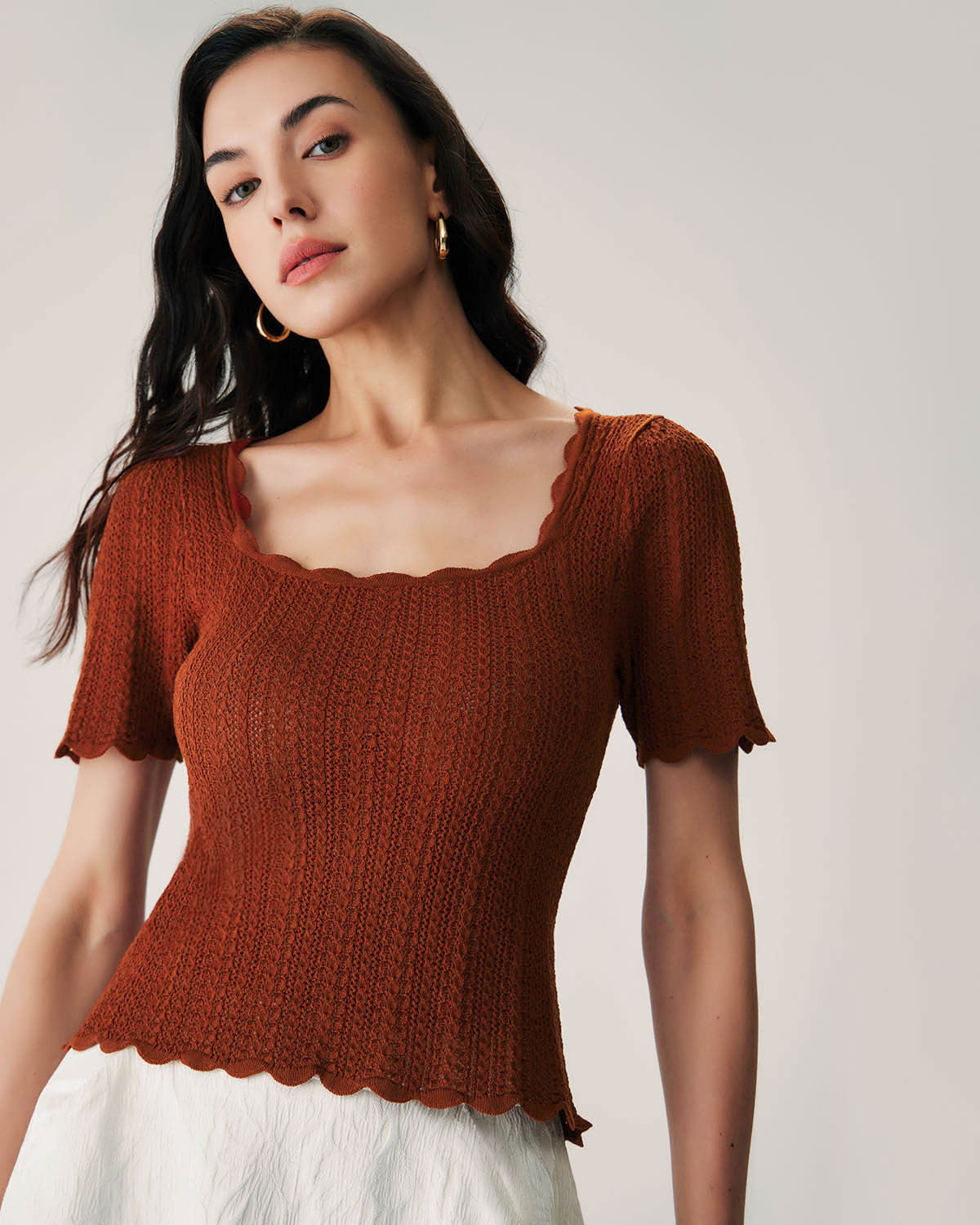 Brown Square Neck Scalloped Knit Tee