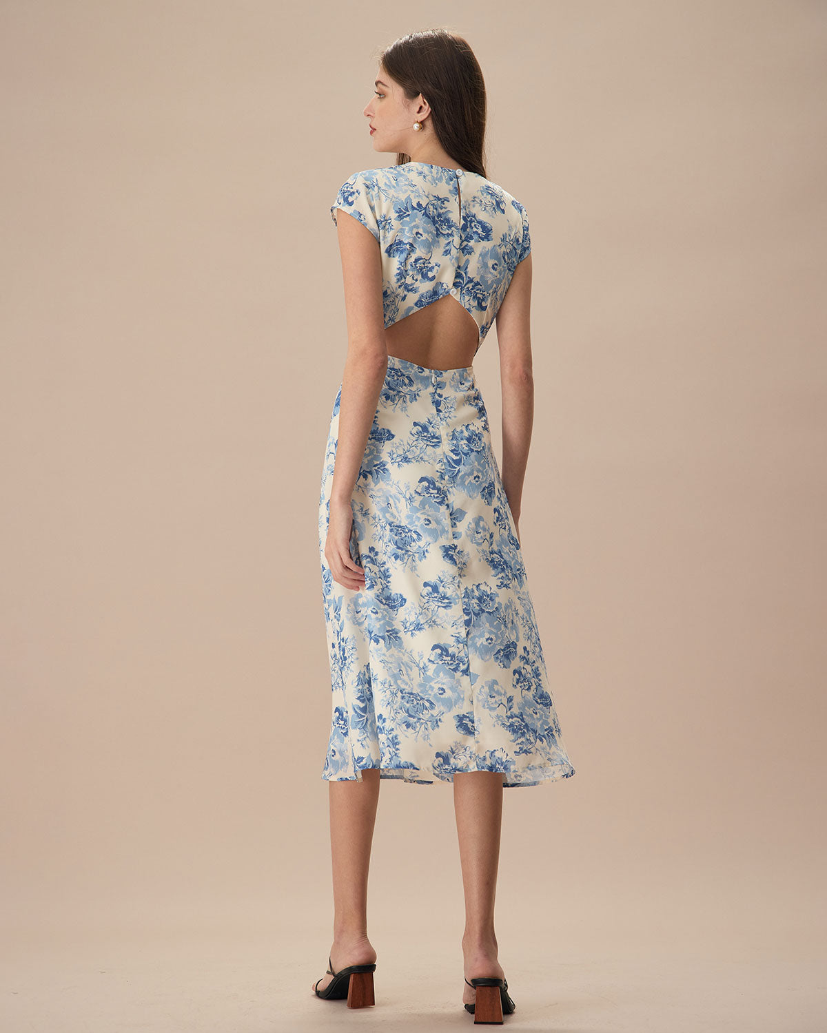 The Blue Round Neck Cap Sleeve Floral Midi Dress