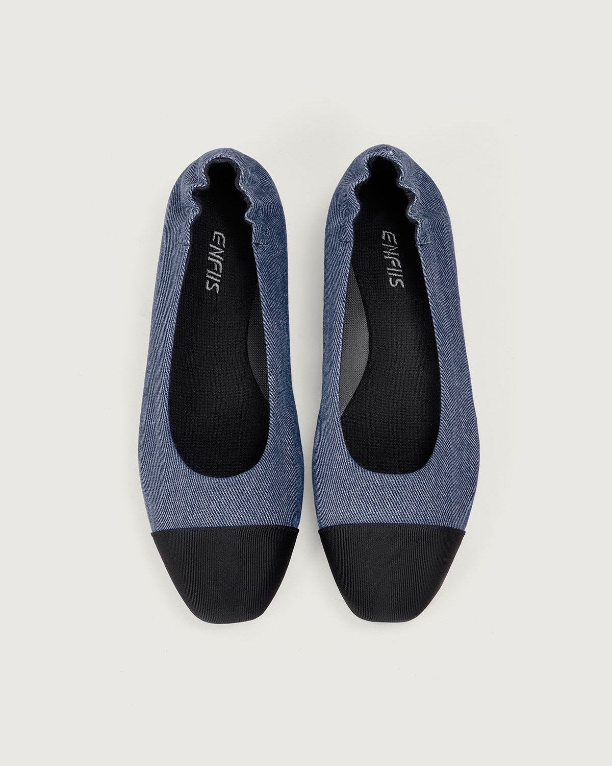 Enfiis Blue Twill Denim Square Toe Ballet Flats