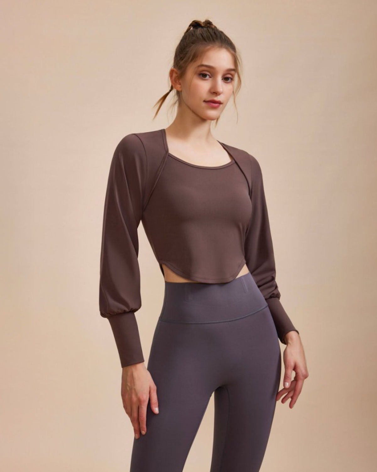 Coffee Round Neck Long Sleeve Top