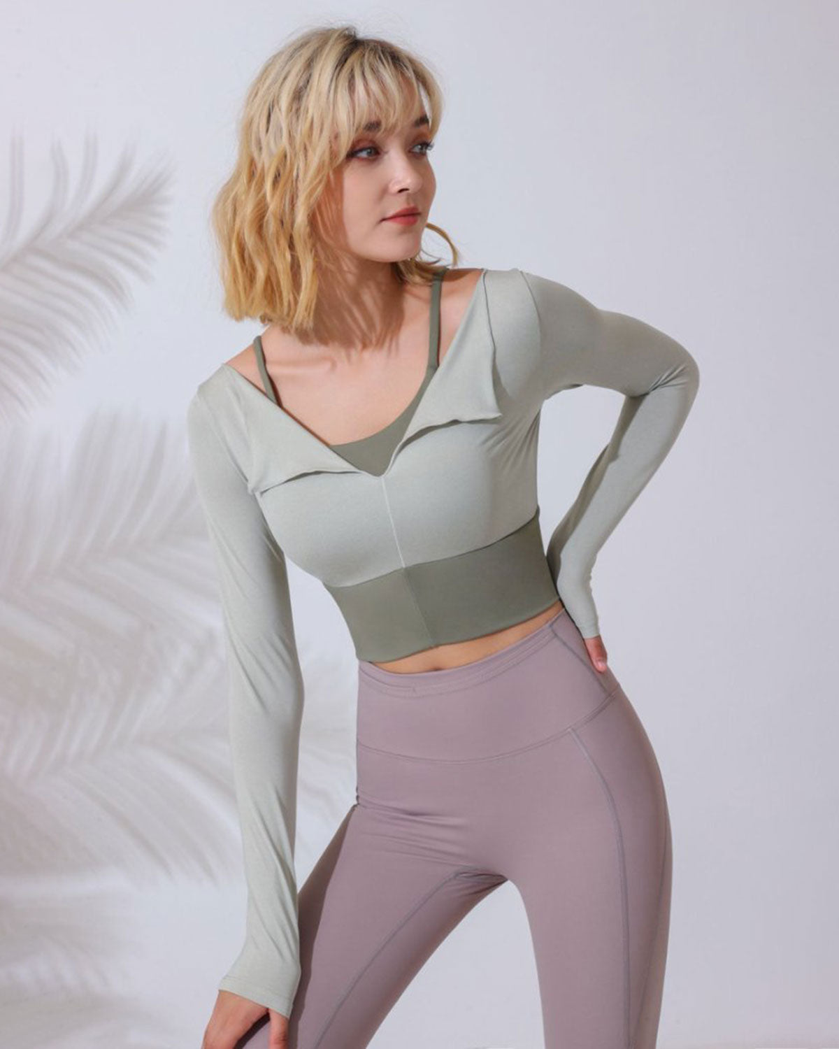 Green Round Neck Long Sleeve Top - Light Support