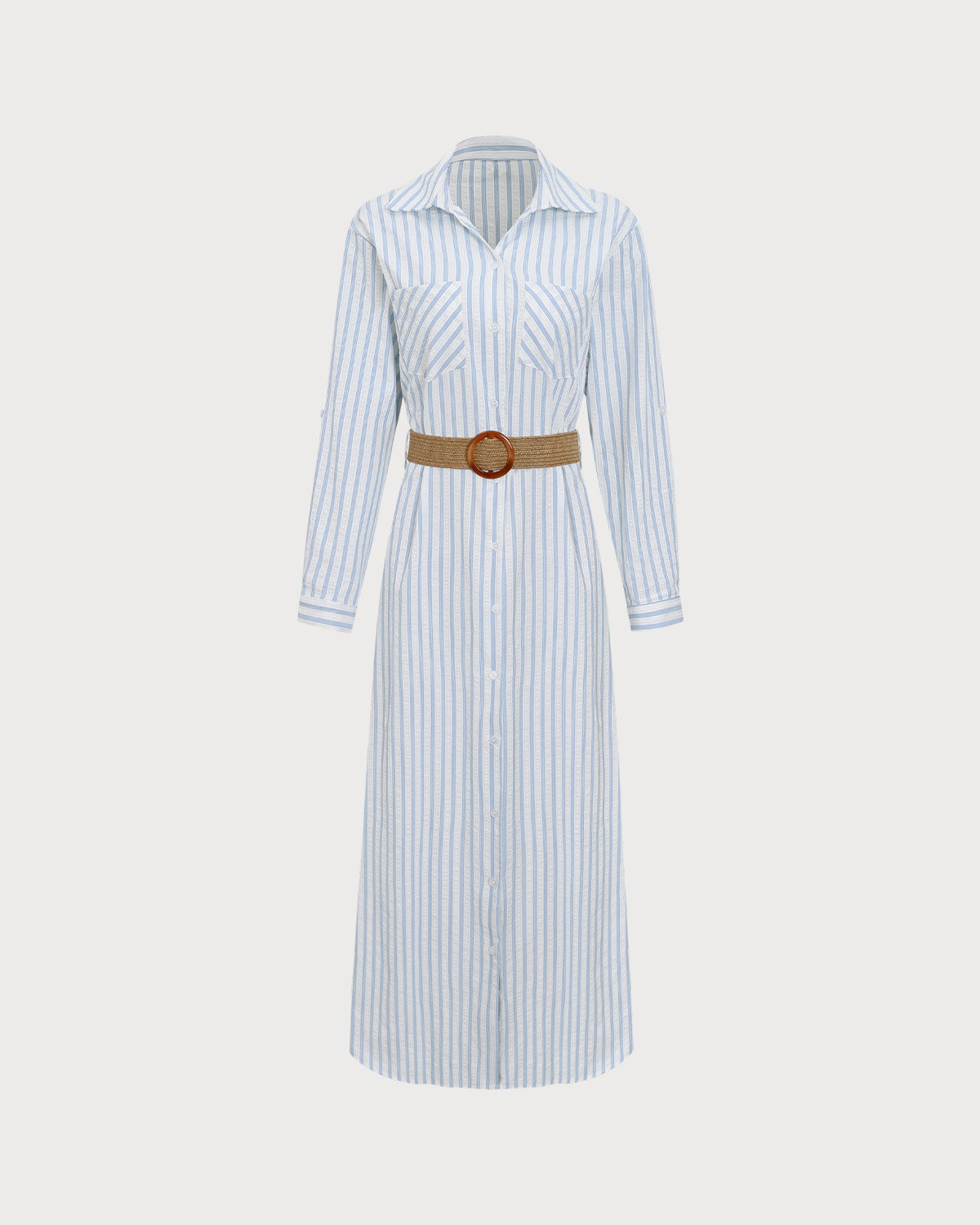 Blue Striped Belted Midi Dress