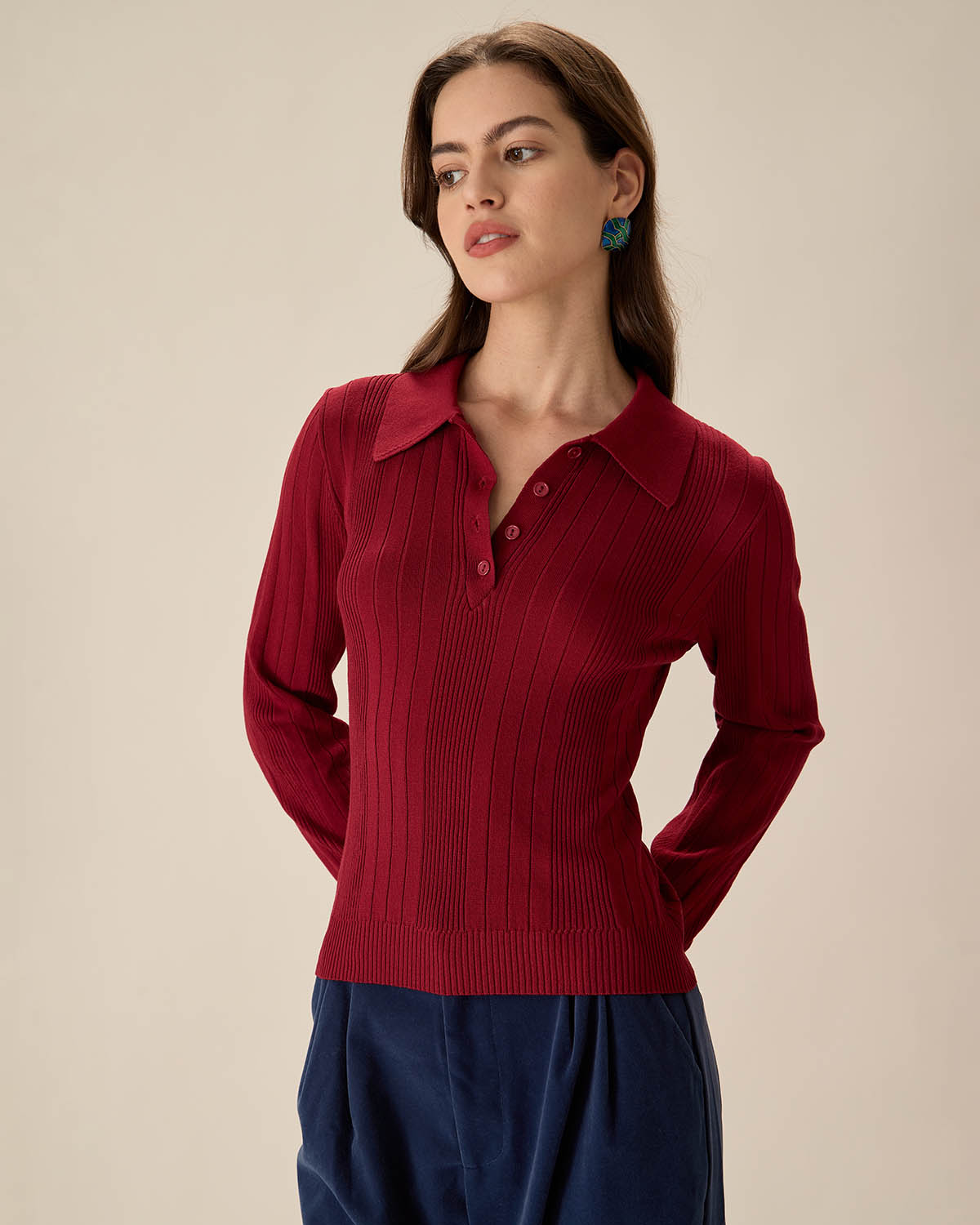 Red Slim Button Sweater