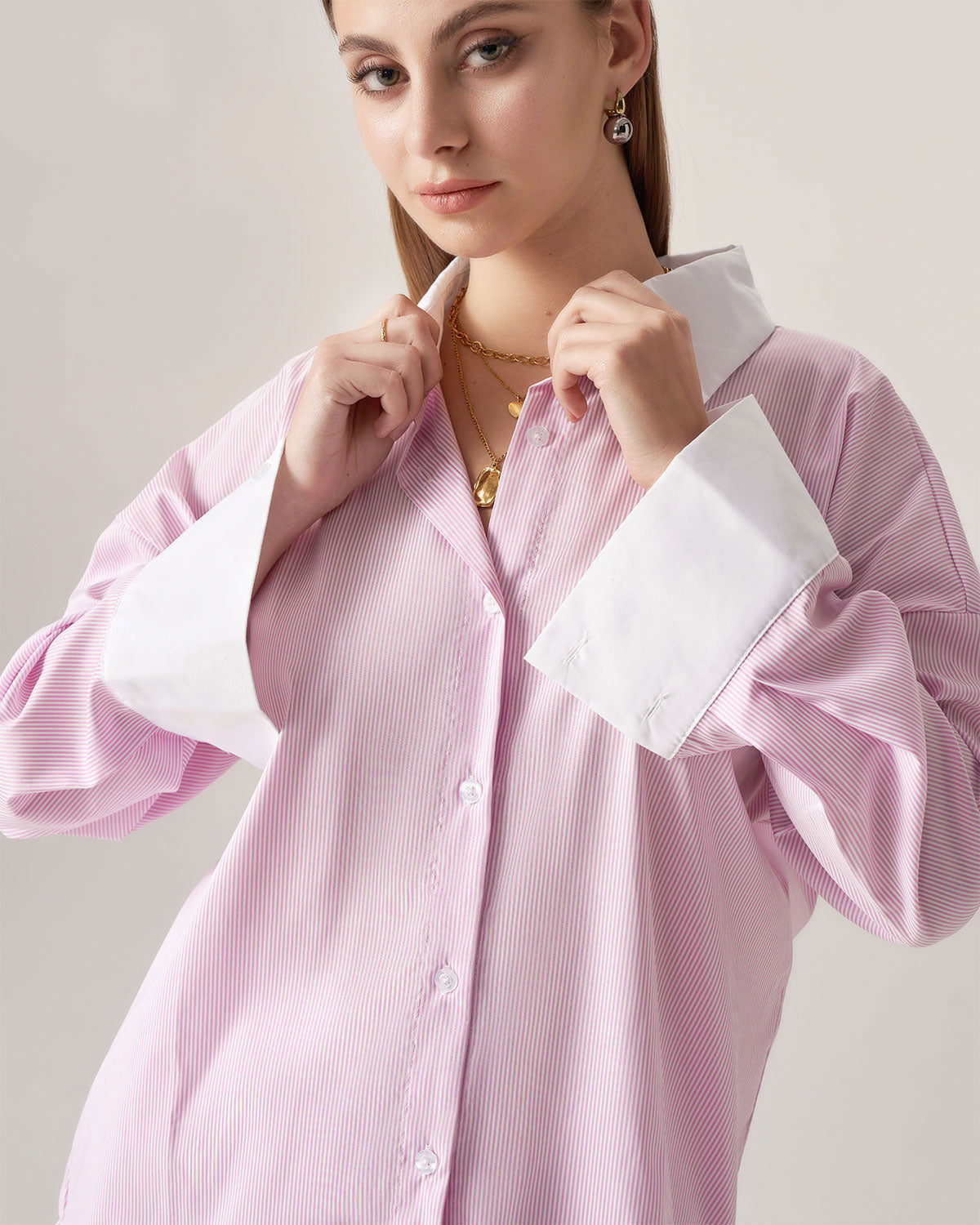 Bettydress Pink Contrast Striped Loose Shirt